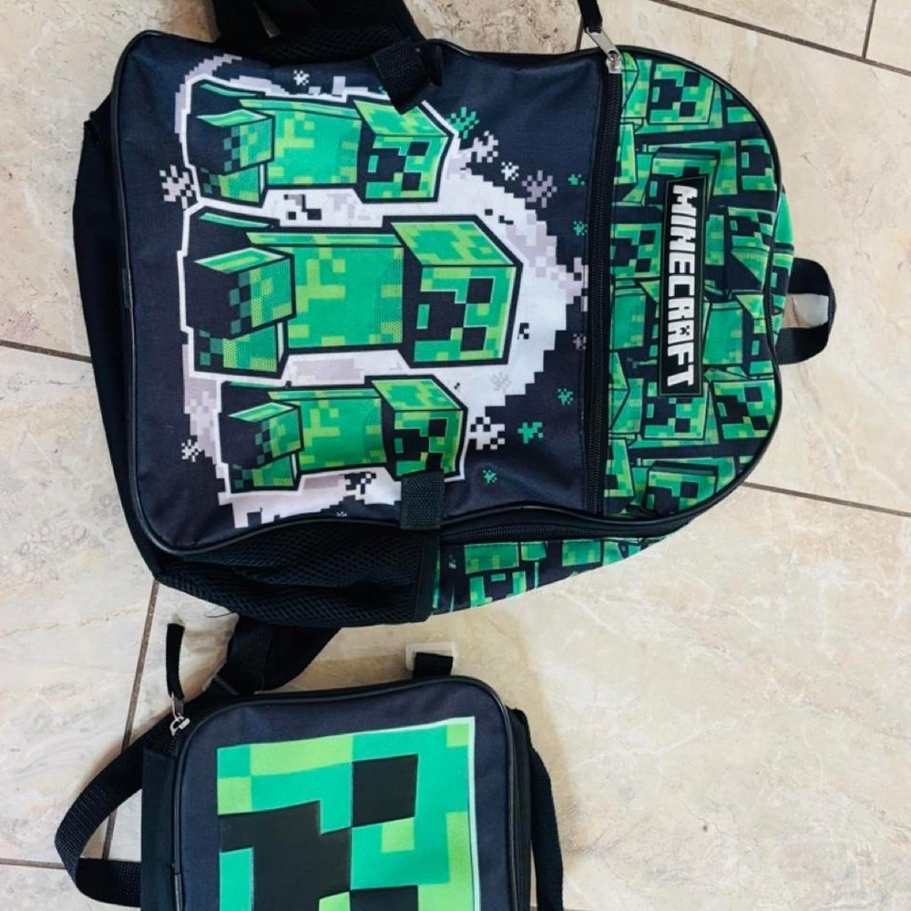 Minecraft Creeper Backpack and Lunchbox Set Green Pixelated Gaming Kids Bag - Picture 2 of 8